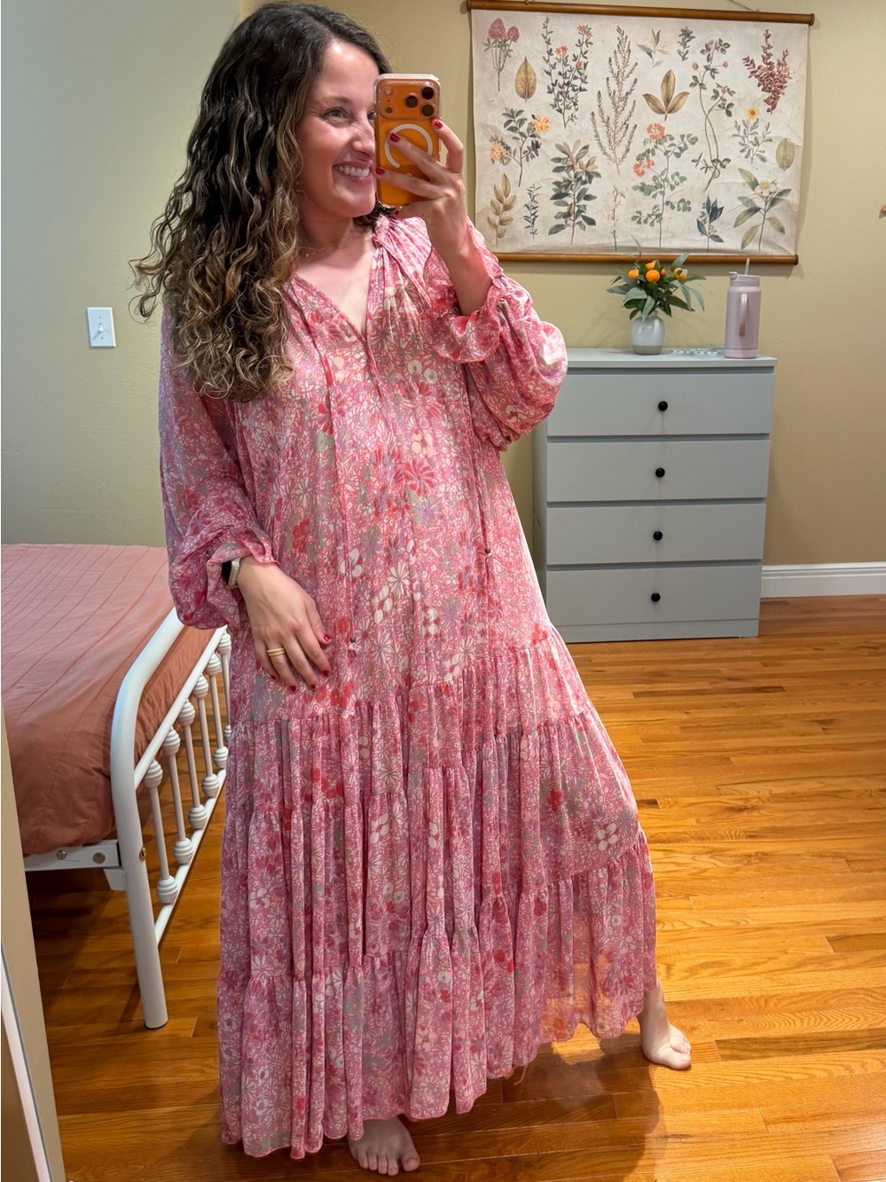Free People Feelin Groovy Long Sleeve Pink Floral Tiered Maxi Dress Large - Picture 4 of 13